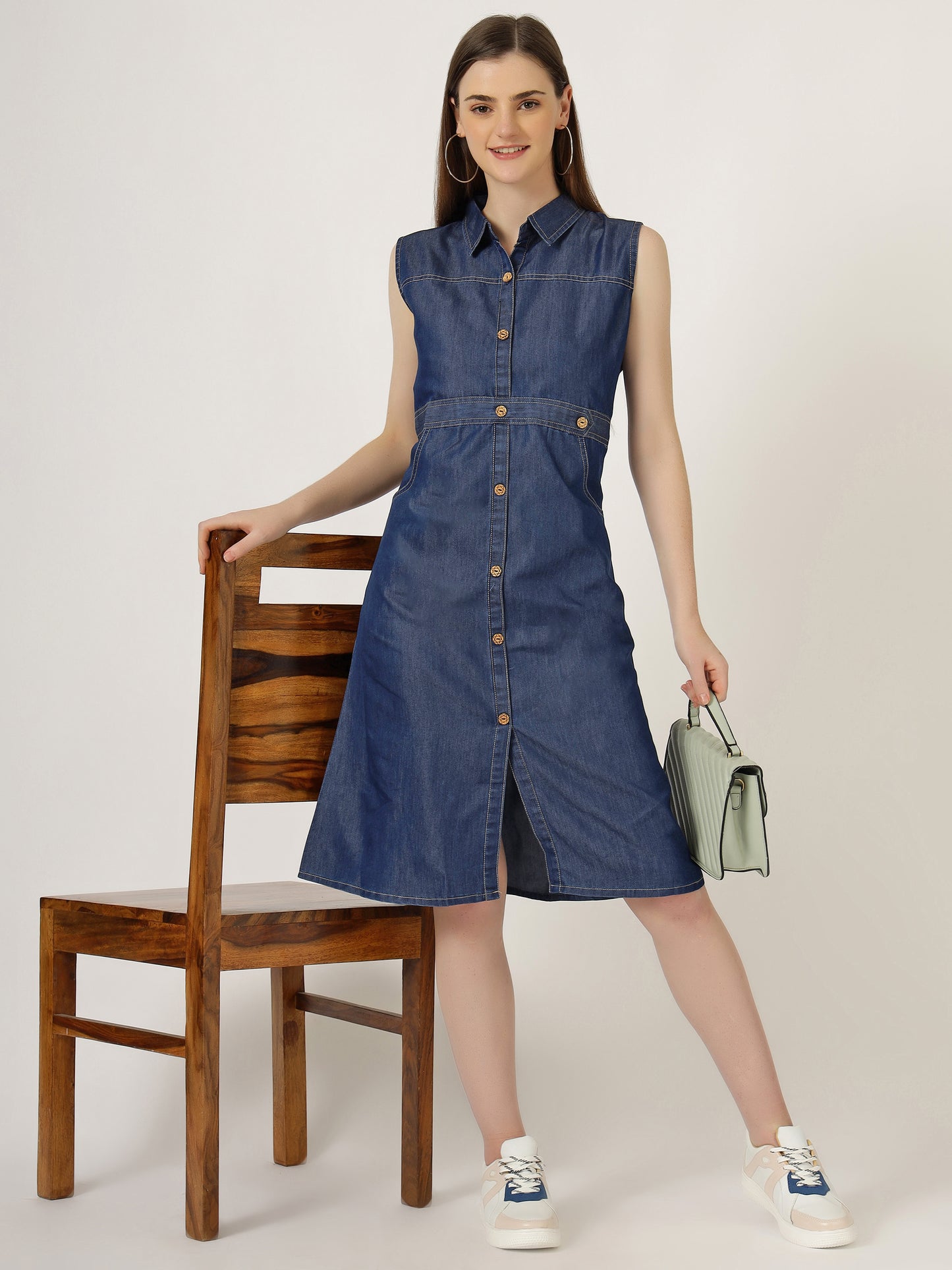 Women's Sleeveless Denim Button-Down A-Line Dress (6031)