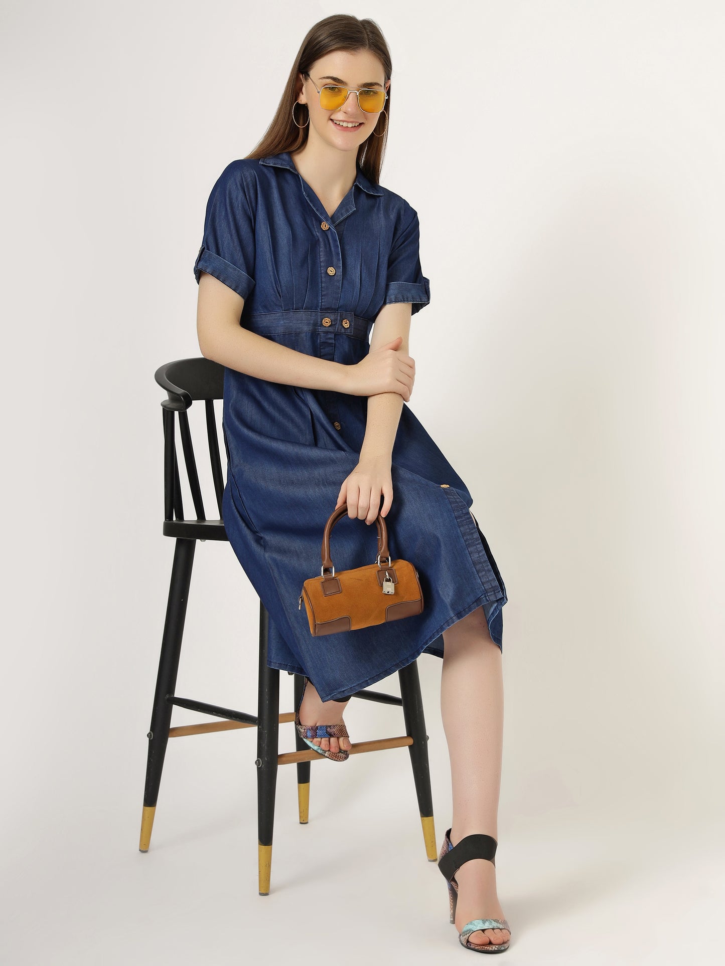 Women's Short-Sleeve Pleated Denim Shirt Dress (6033)