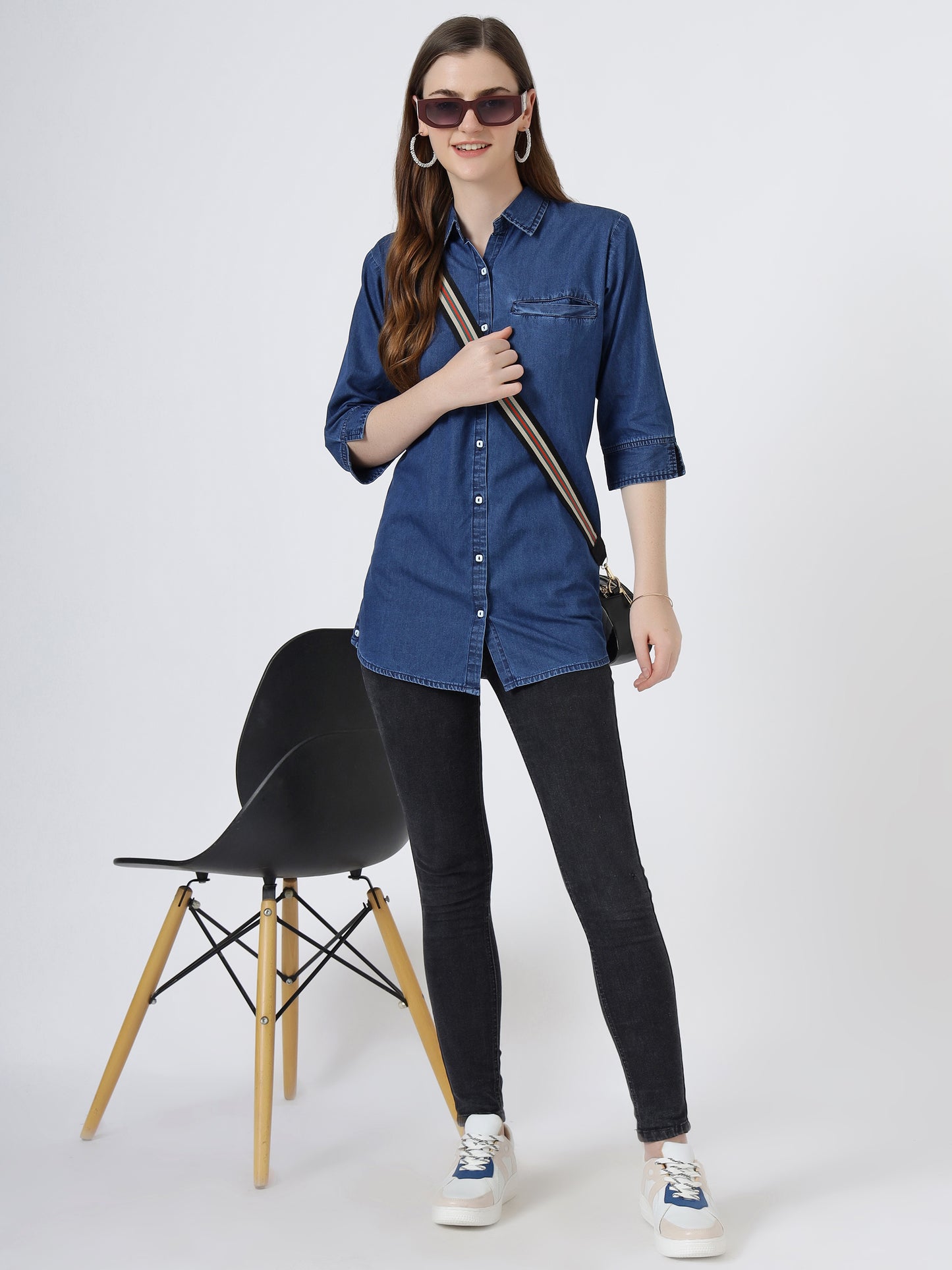 Women's Classic Button-Down Denim Shirt with 3/4 Sleeves (6099)