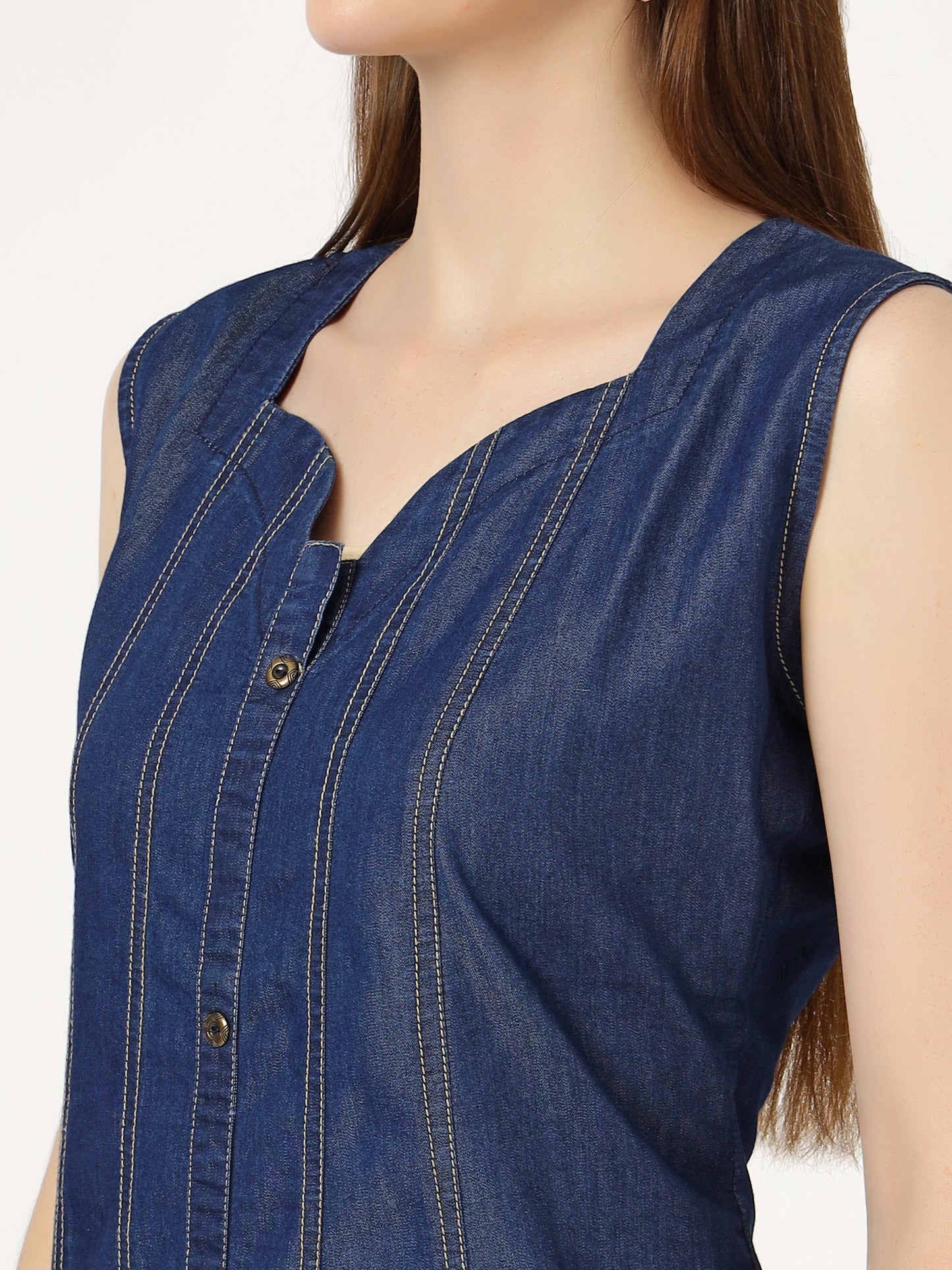 Women's Sleeveless Sweetheart Neck Denim Dress (6087)