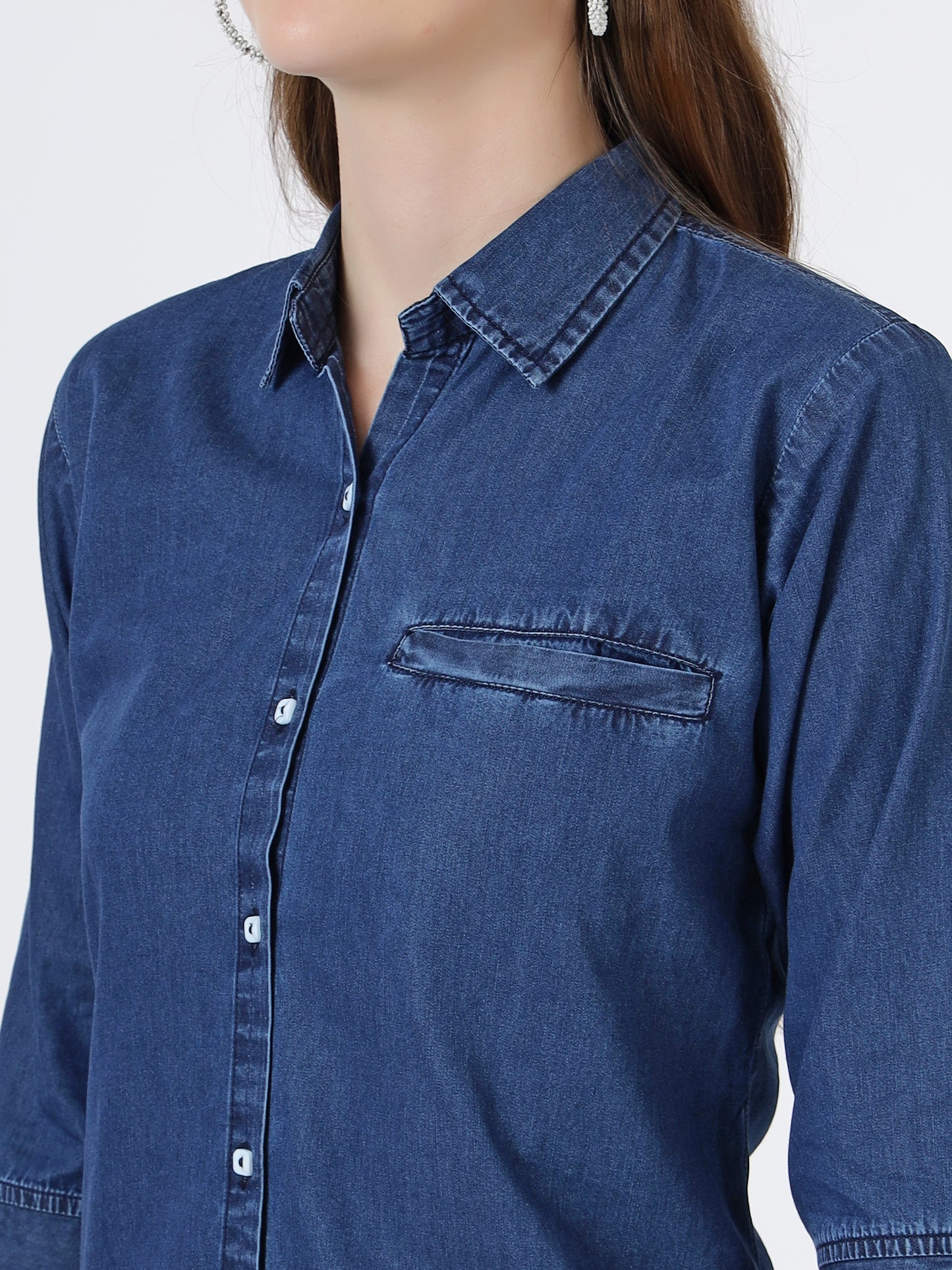 Women's Classic Button-Down Denim Shirt with 3/4 Sleeves (6099)