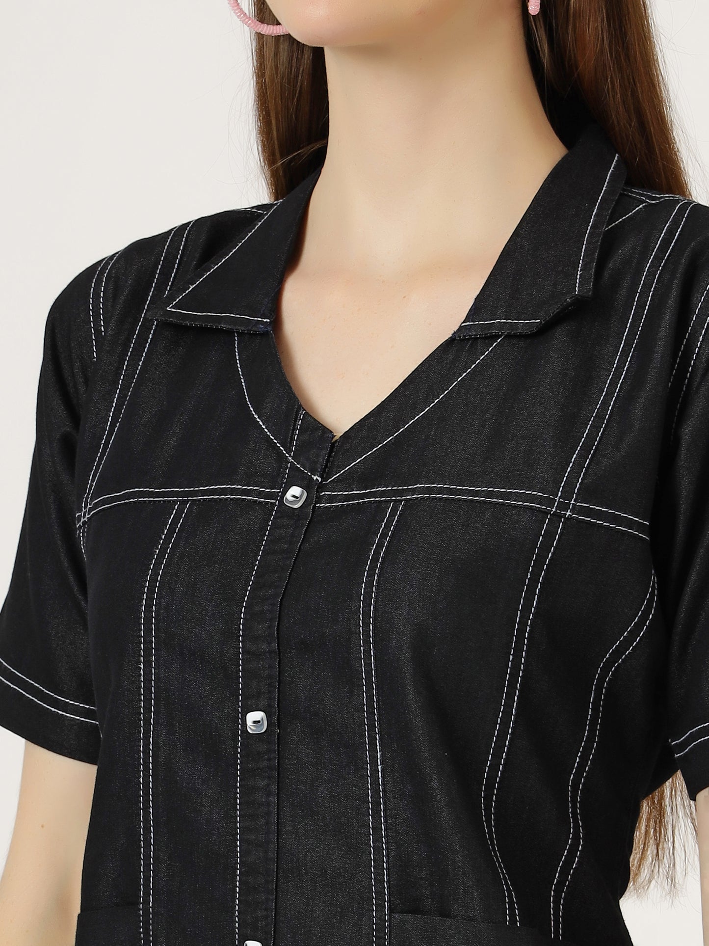 Women's Short Sleeve Button-Down Black Denim Dress (6098-Z Black)