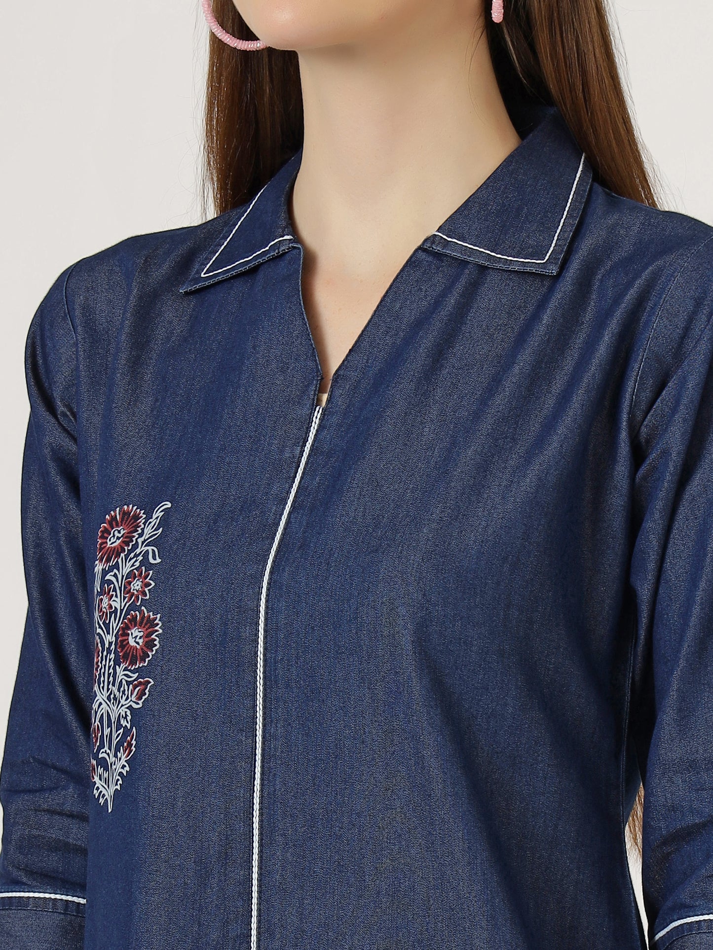 Women's Embroidered Denim A-Line Dress with 3/4 Sleeves (6097)