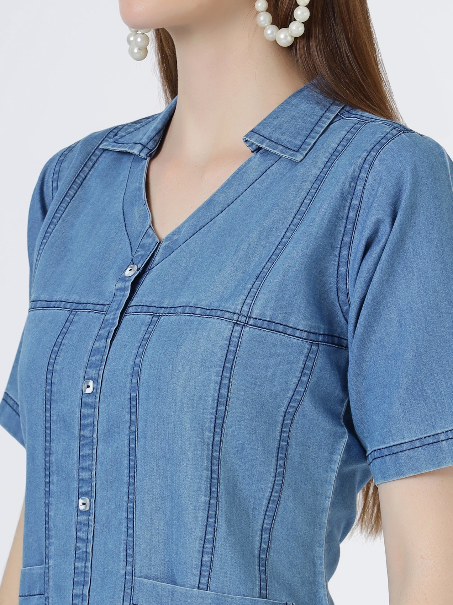 Women's Short Sleeve Button-Down Light Blue Denim Dress (6098-ICE)