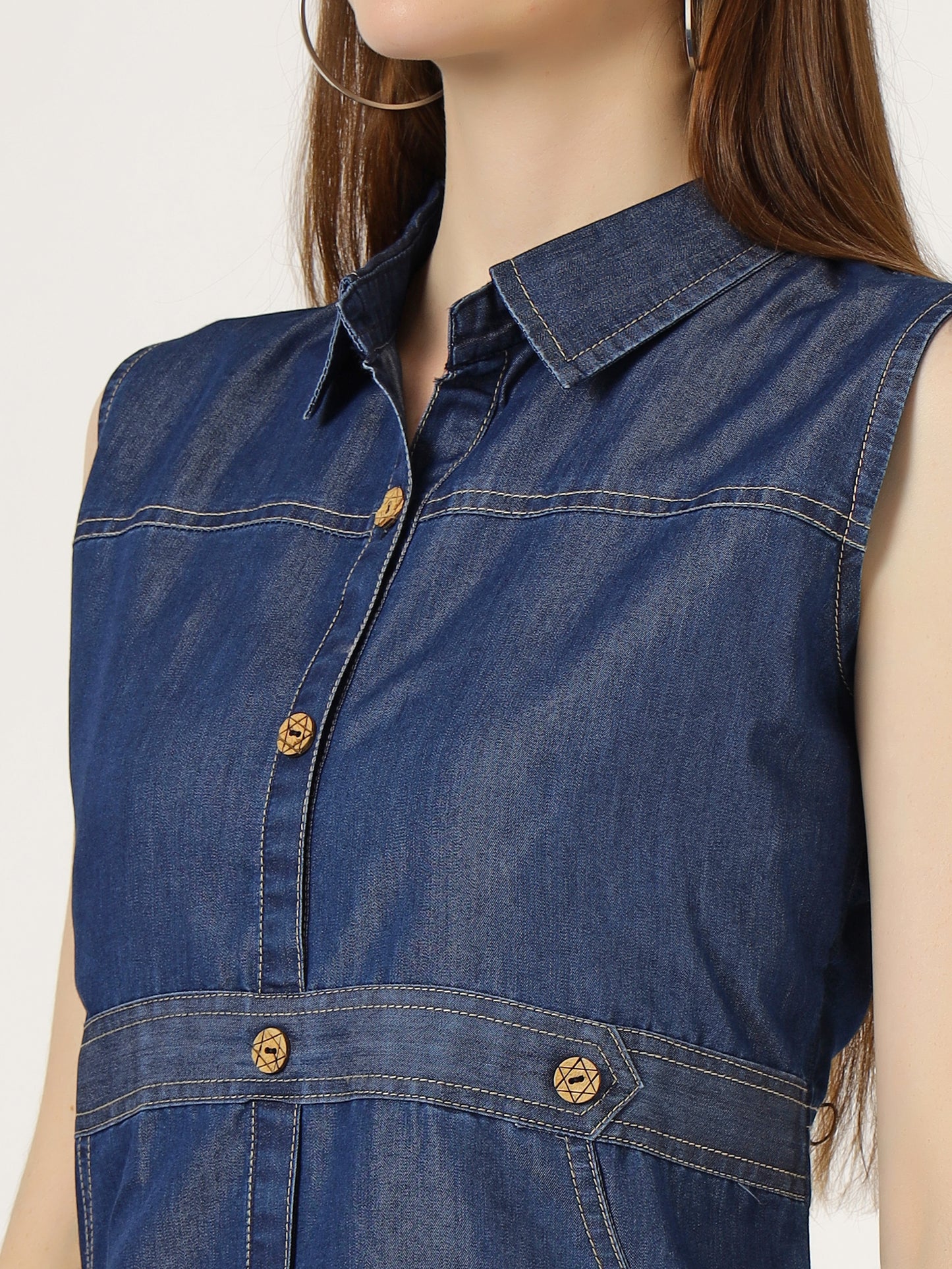 Women's Sleeveless Denim Button-Down A-Line Dress (6031)