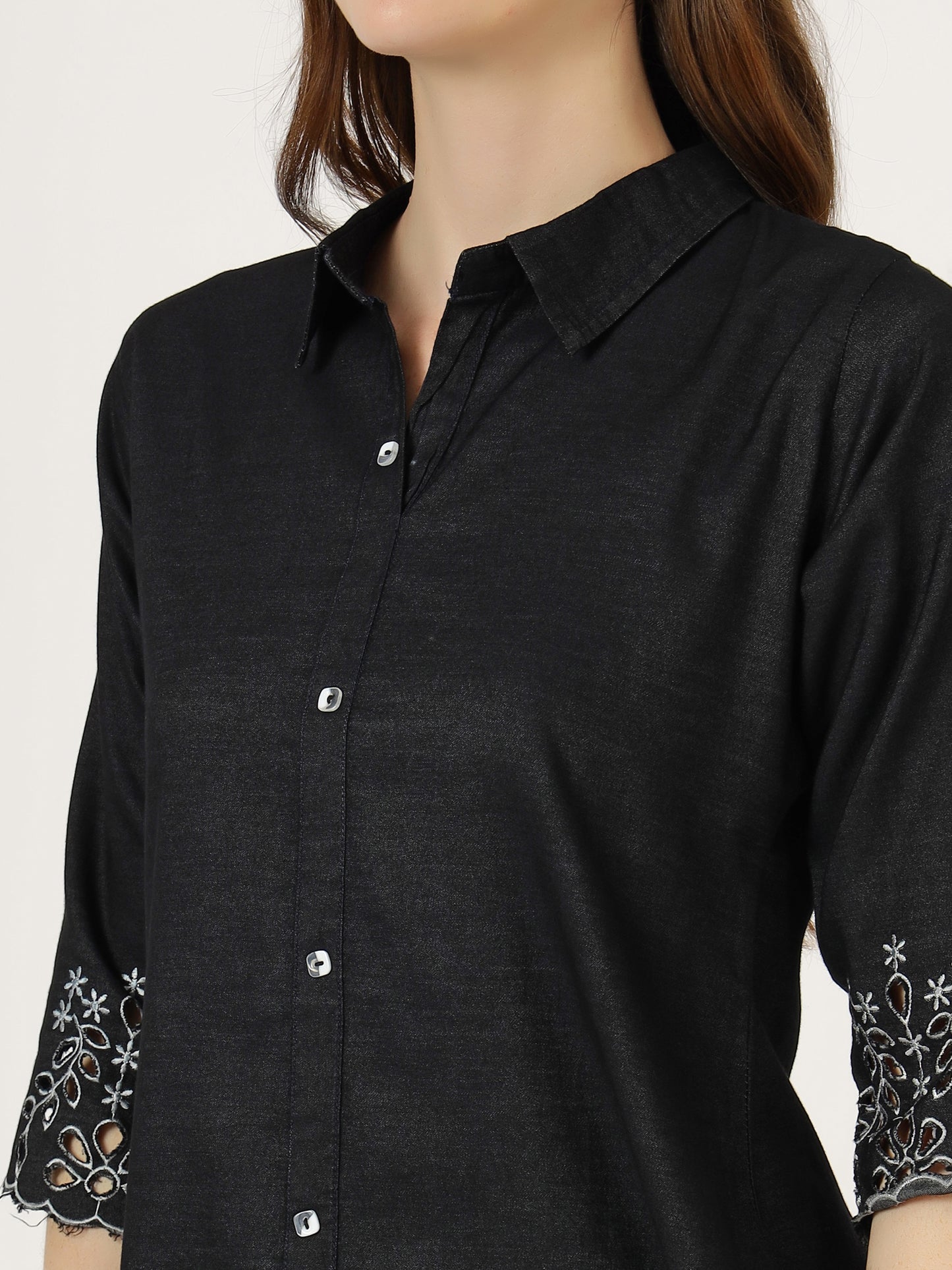 Colour Villa Women's Black Embroidered Denim Tunic Shirt (6045-Z BLACK)