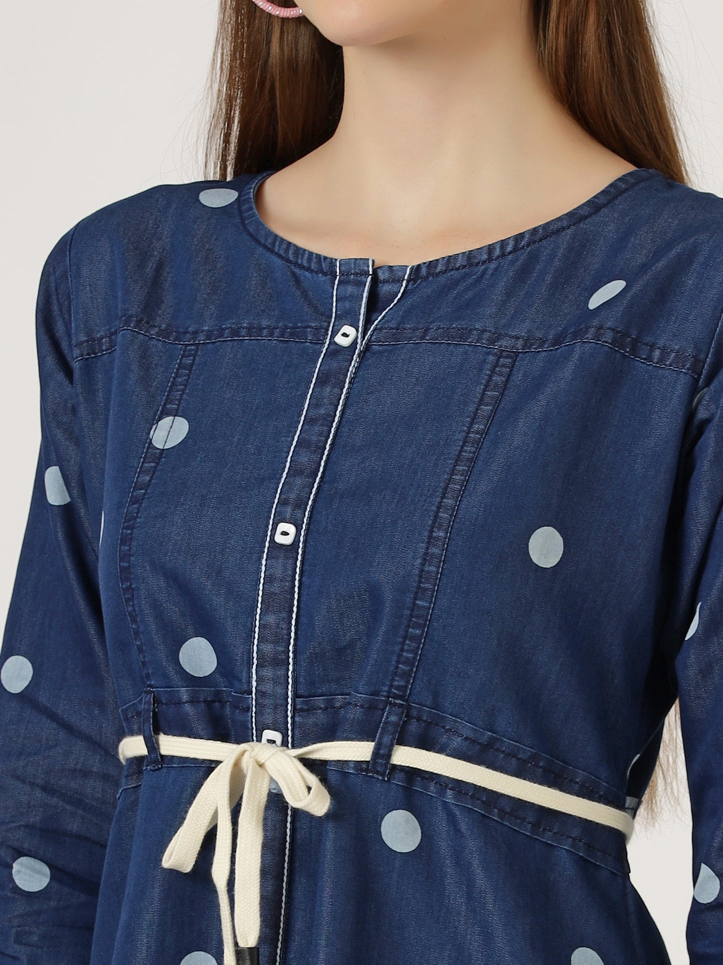 Women's Polka Dot Denim A-Line Dress with Waist Tie (6094)