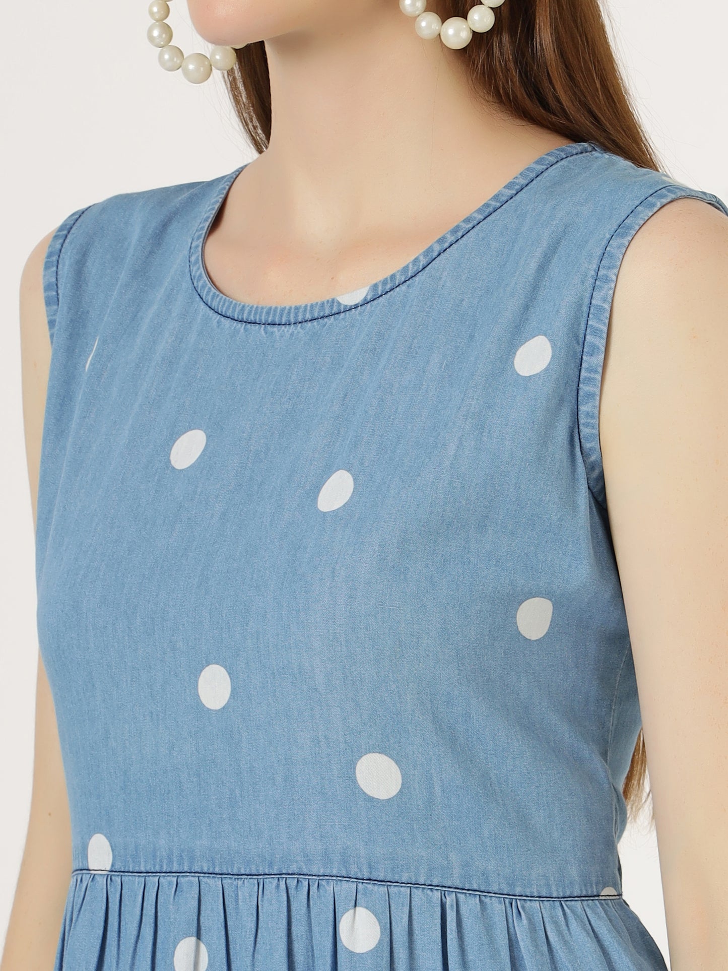 Women's Sleeveless Polka Dot Tiered Denim Midi Dress (6102)