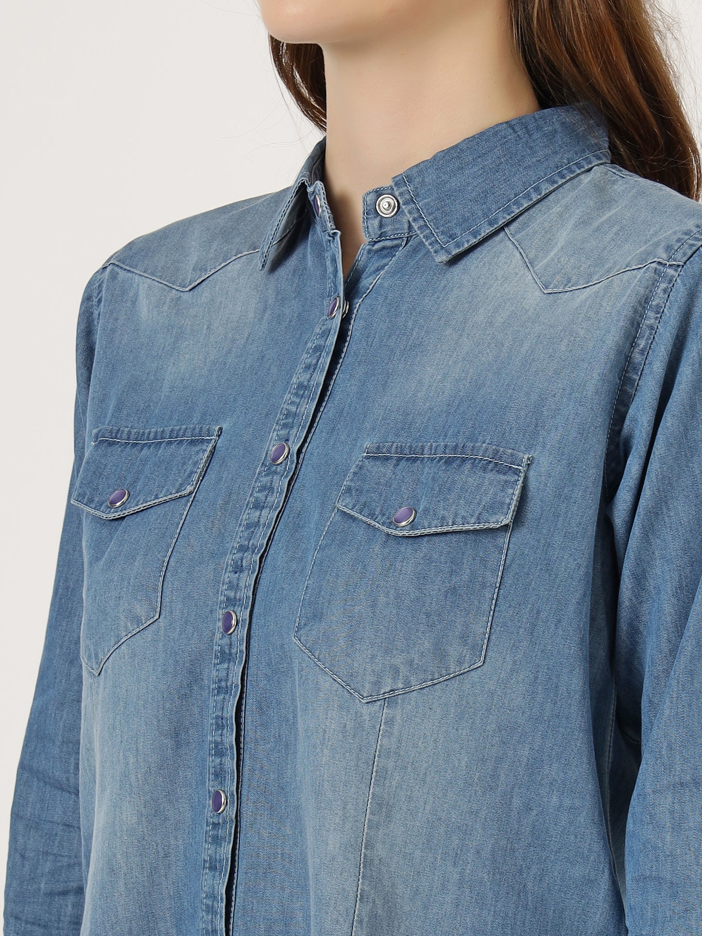 Women's Light Wash Denim Button-Down Shirt with Long Sleeves (6105)