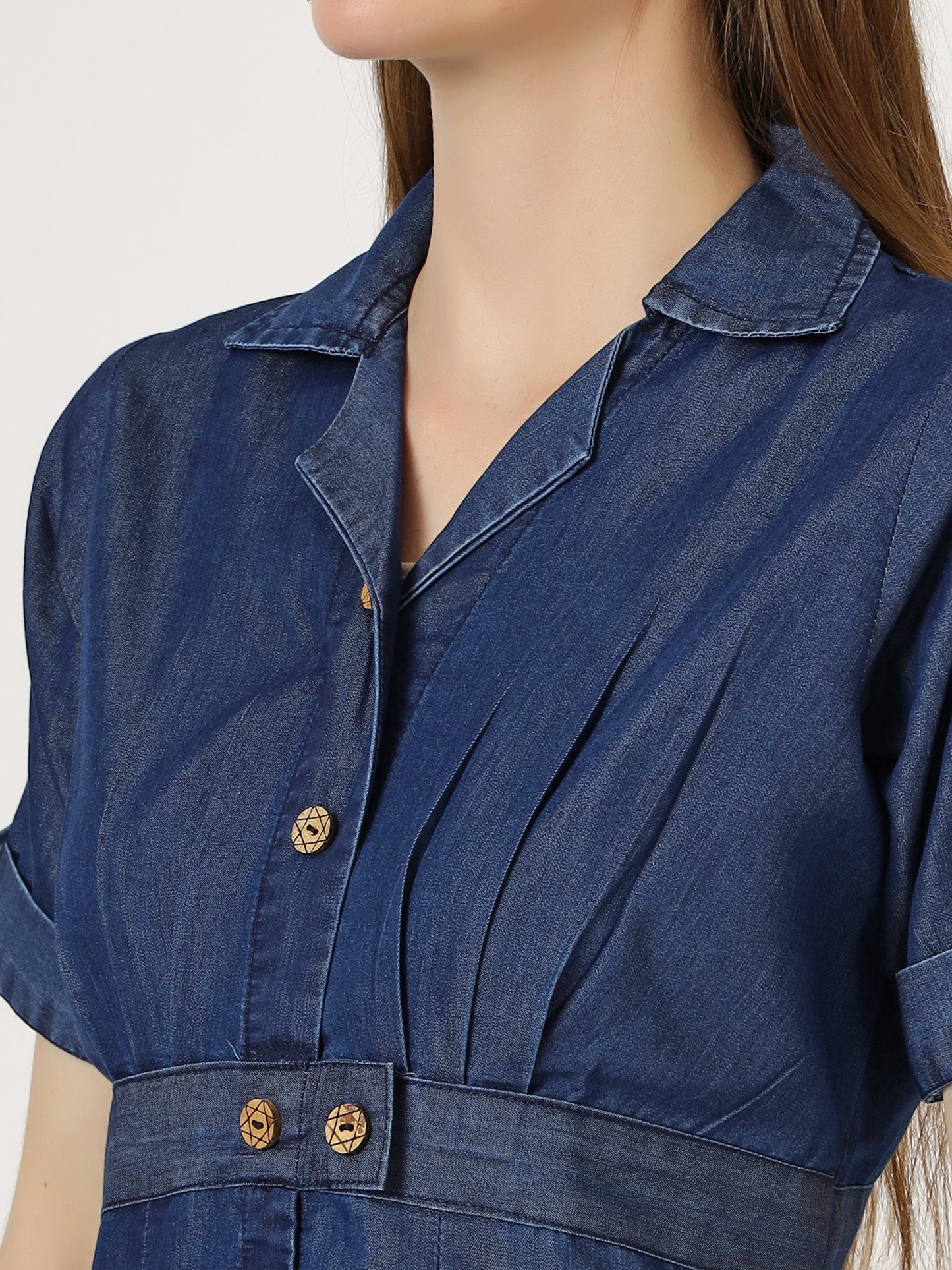 Women's Short-Sleeve Pleated Denim Shirt Dress (6033)