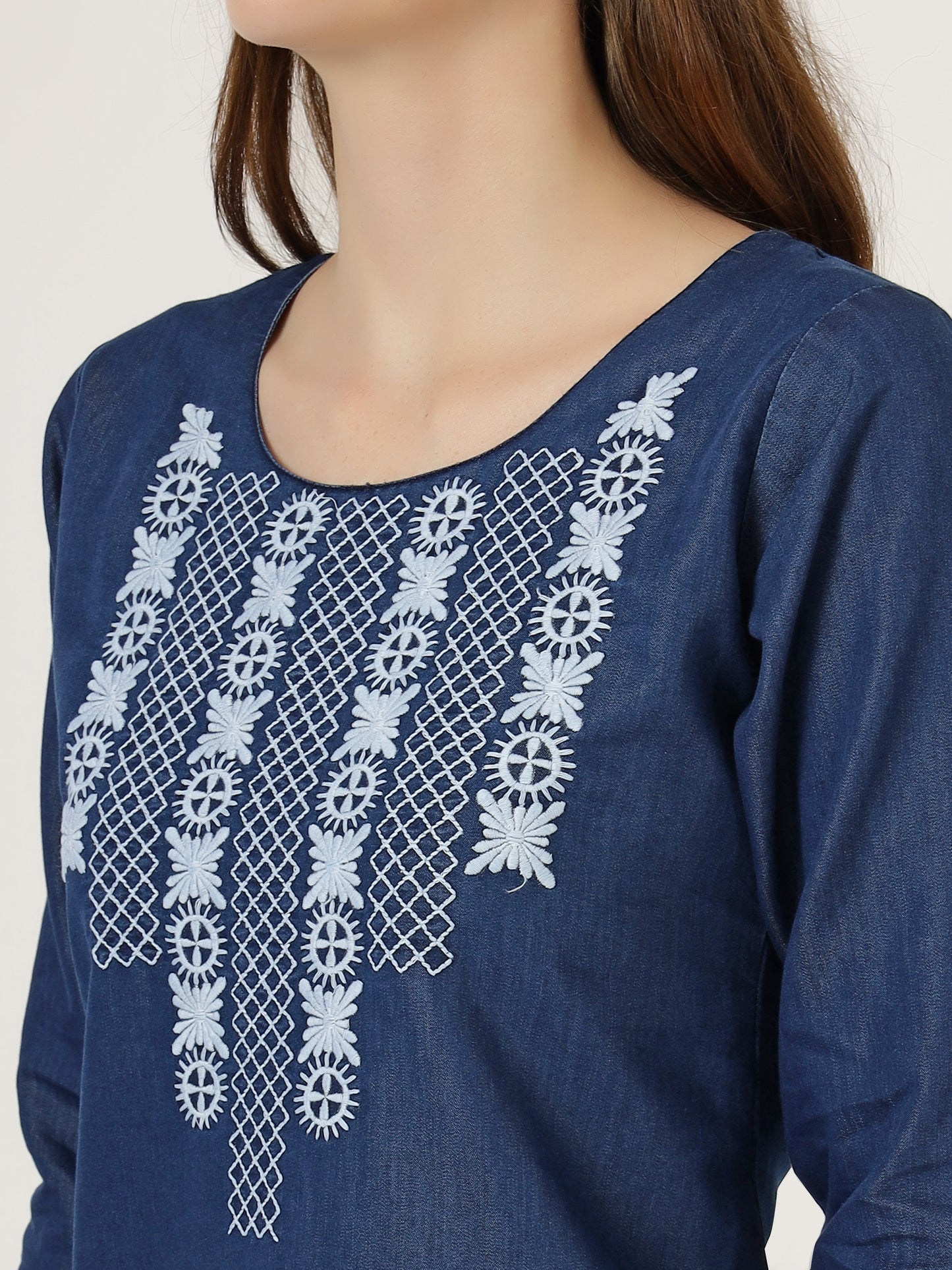 Women's Embroidered Denim Tunic Top with 3/4 Sleeves (6103)