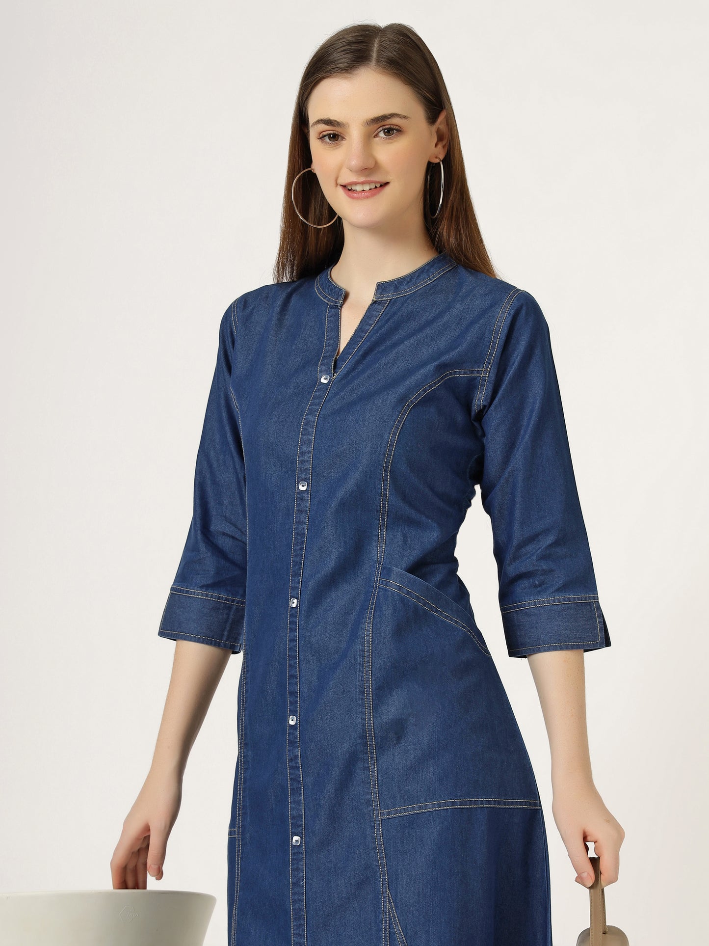 Women's 3/4 Sleeve A-Line Denim Button-Down Dress (6057)