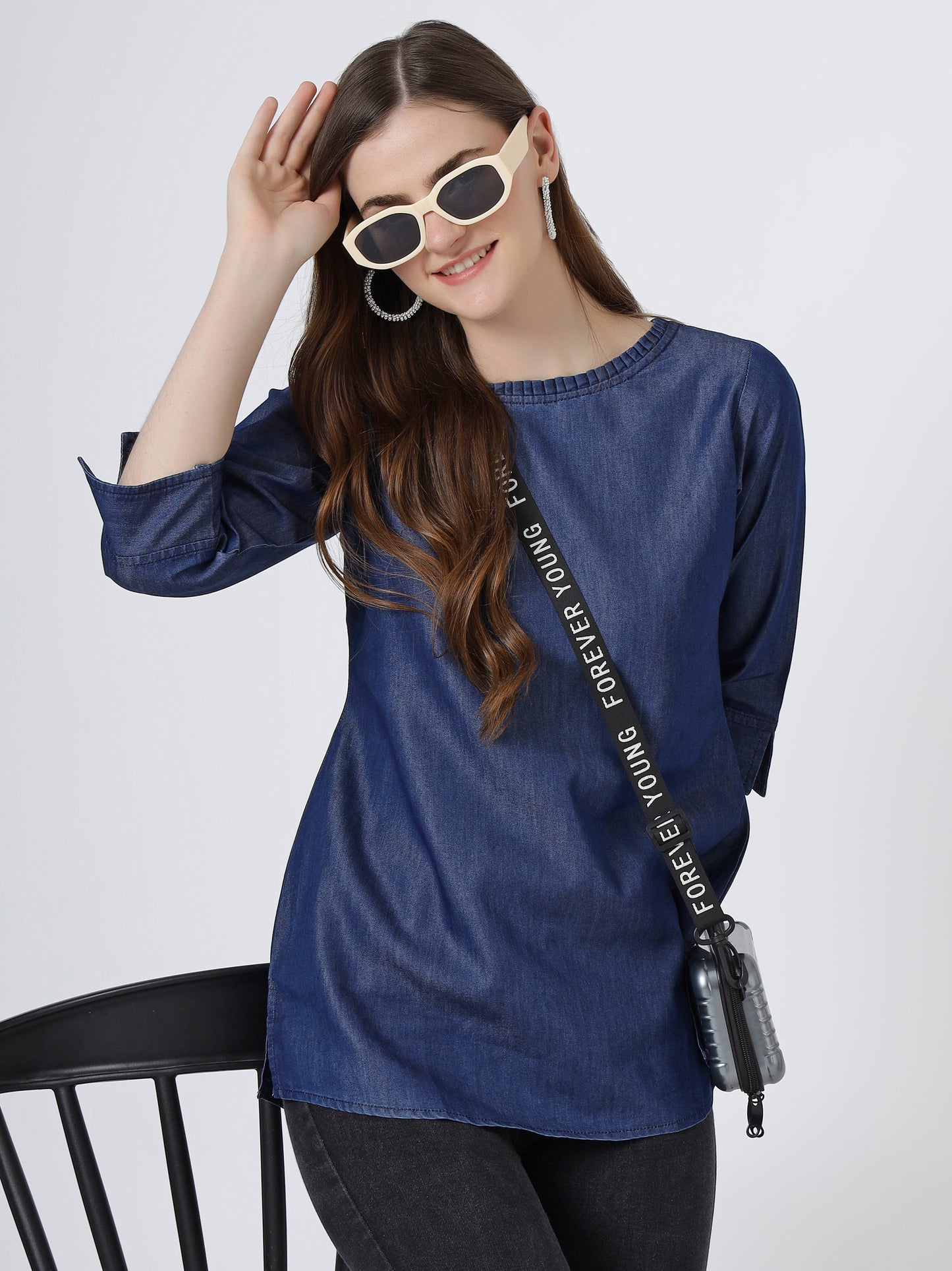 Women's 3/4 Sleeve Denim Top with Round Neck (6092)