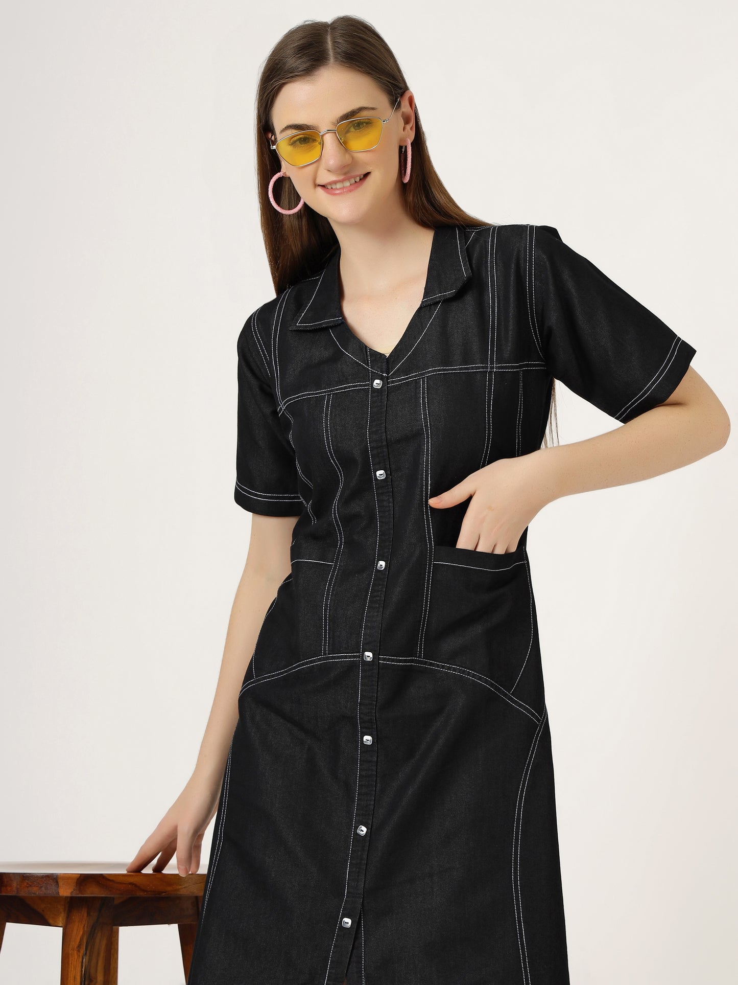 Women's Short Sleeve Button-Down Black Denim Dress (6098-Z Black)