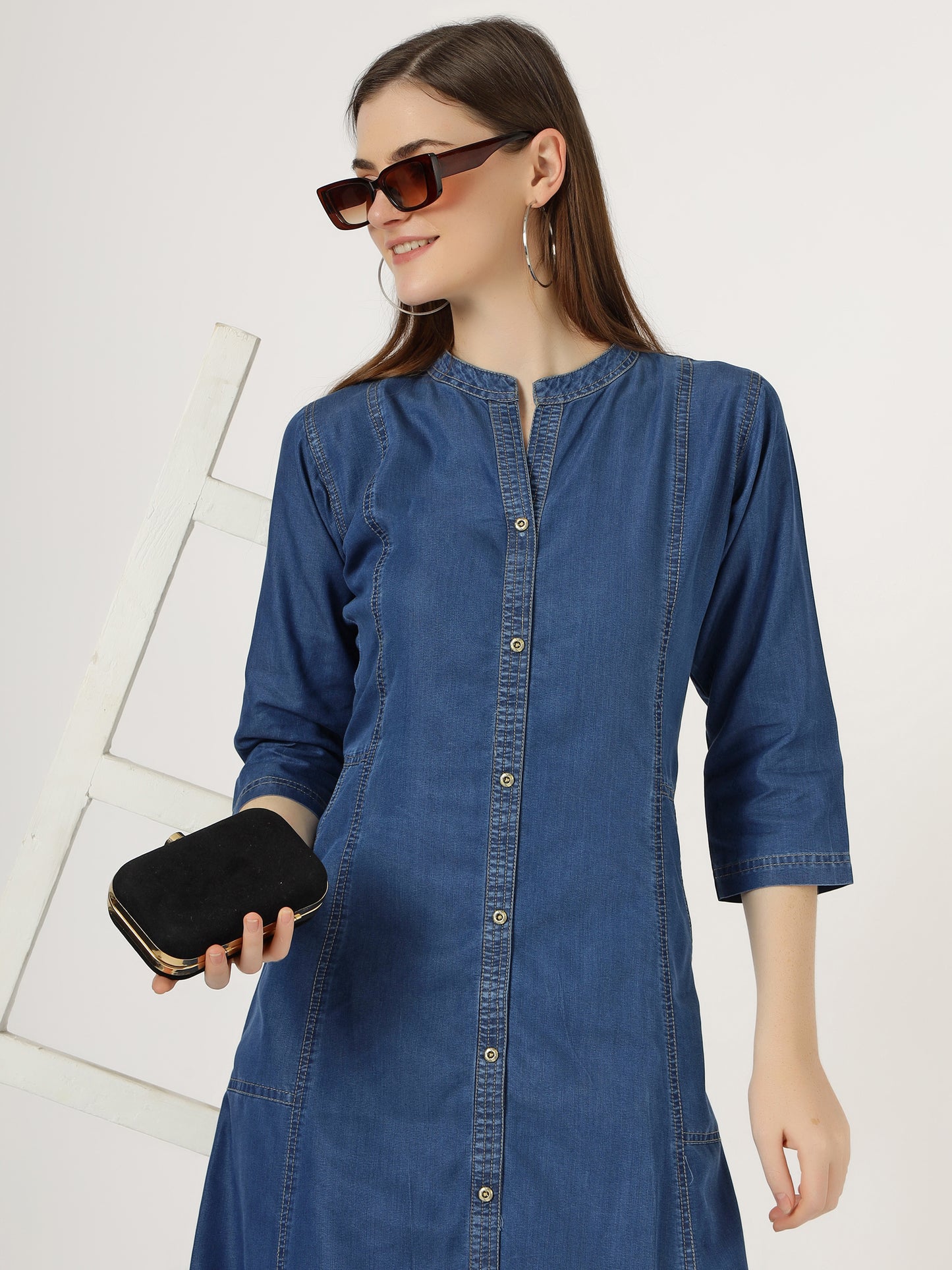 Women's 3/4 Sleeve Denim Maxi Shirt Dress (6001)