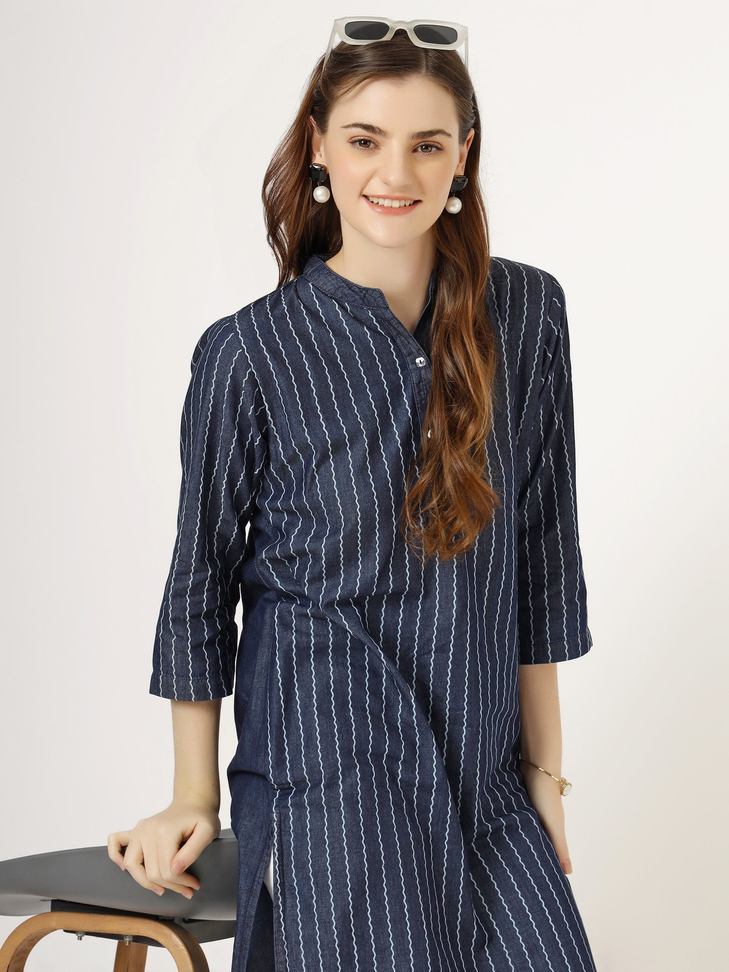 Women's Striped Denim Kurti with Mandarin Collar (6065)