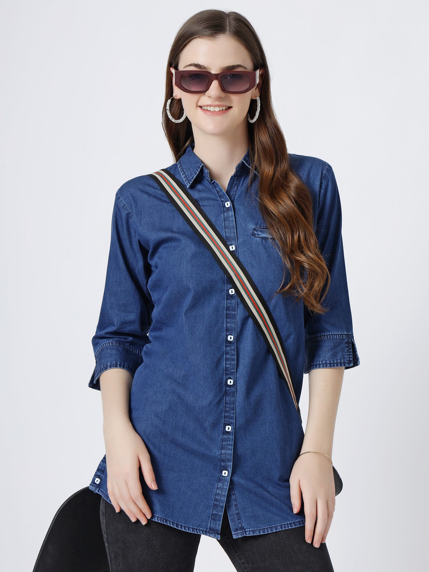 Women's Classic Button-Down Denim Shirt with 3/4 Sleeves (6099)