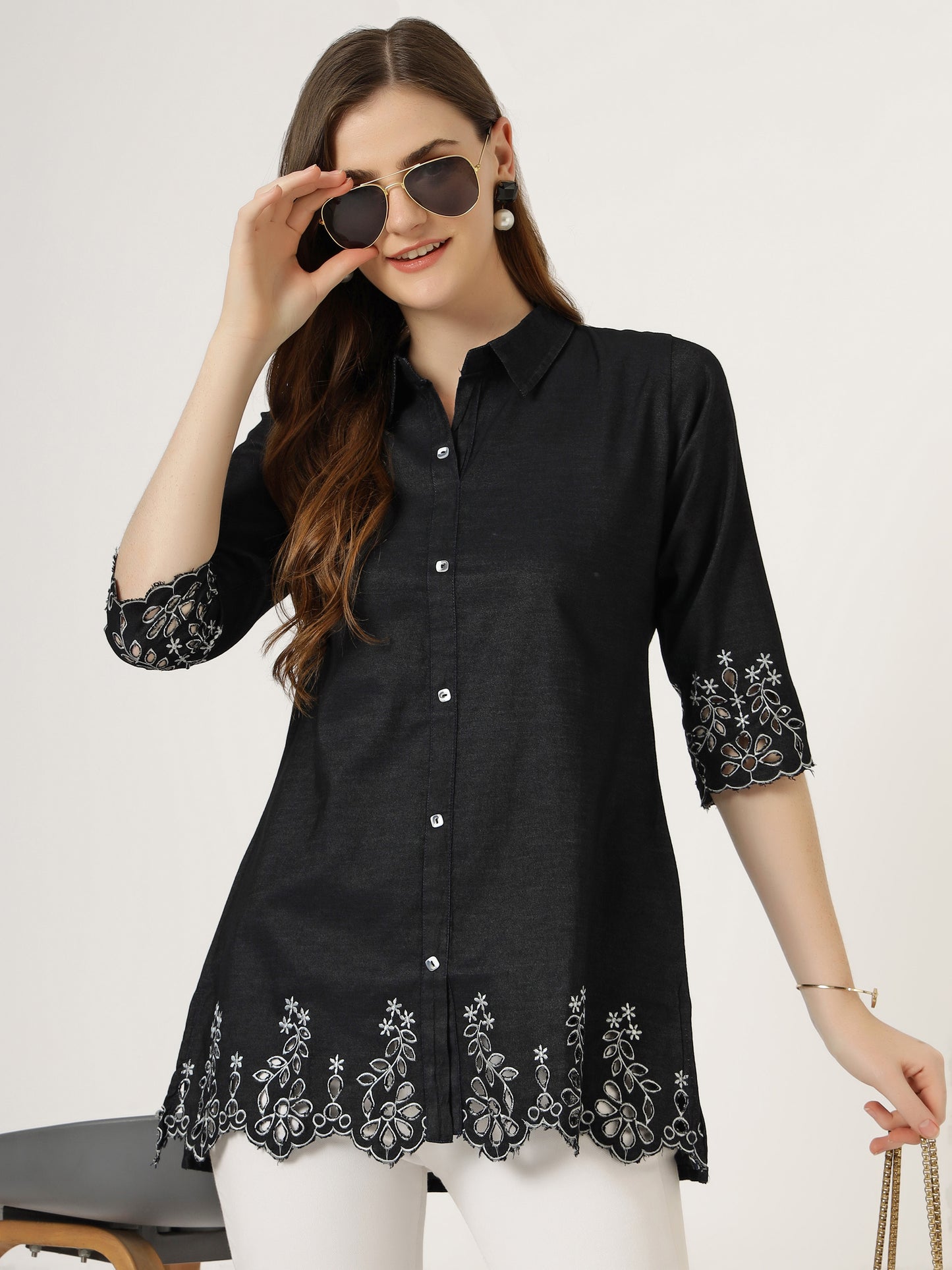 Colour Villa Women's Black Embroidered Denim Tunic Shirt (6045-Z BLACK)