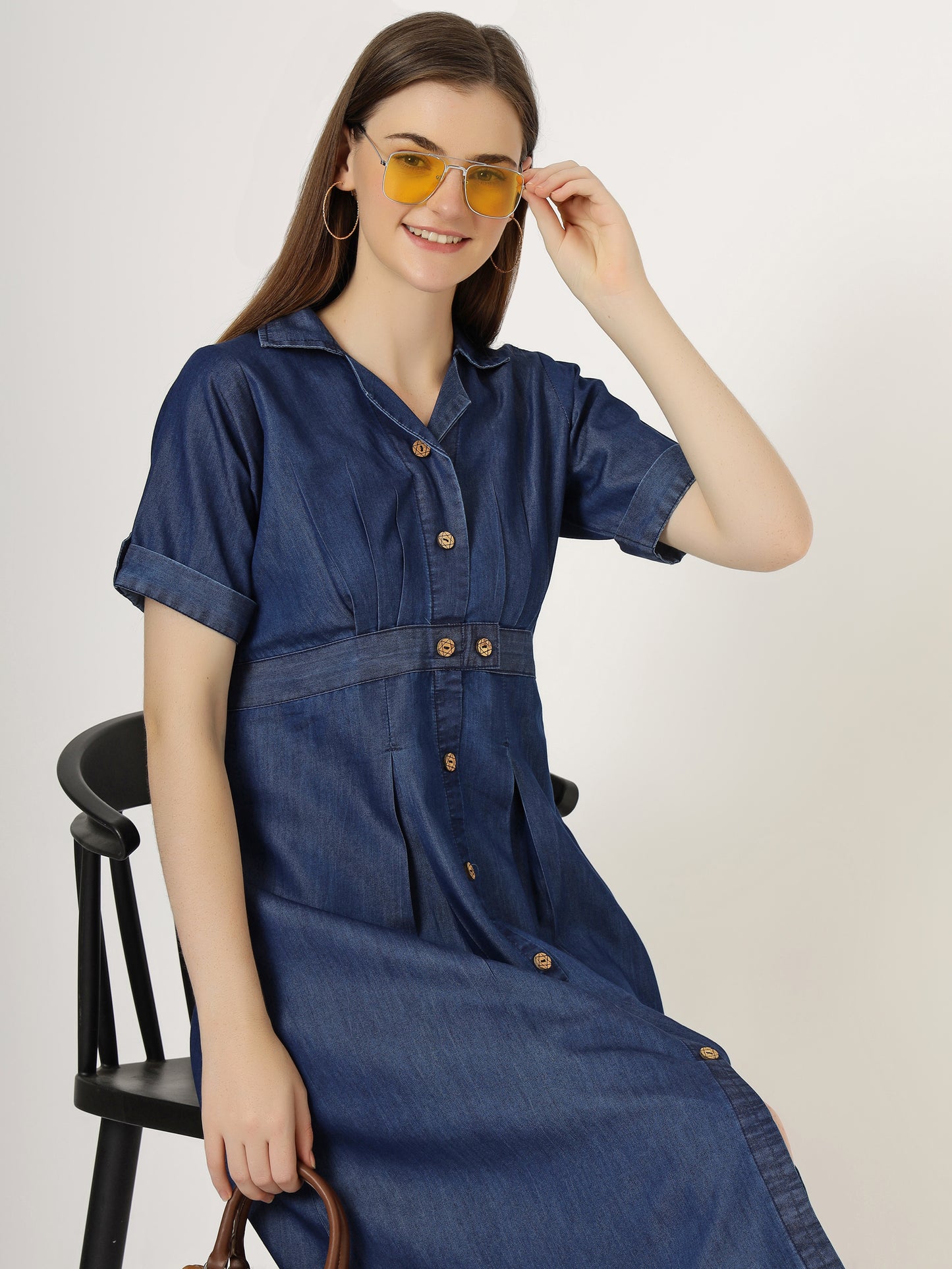 Women's Short-Sleeve Pleated Denim Shirt Dress (6033)