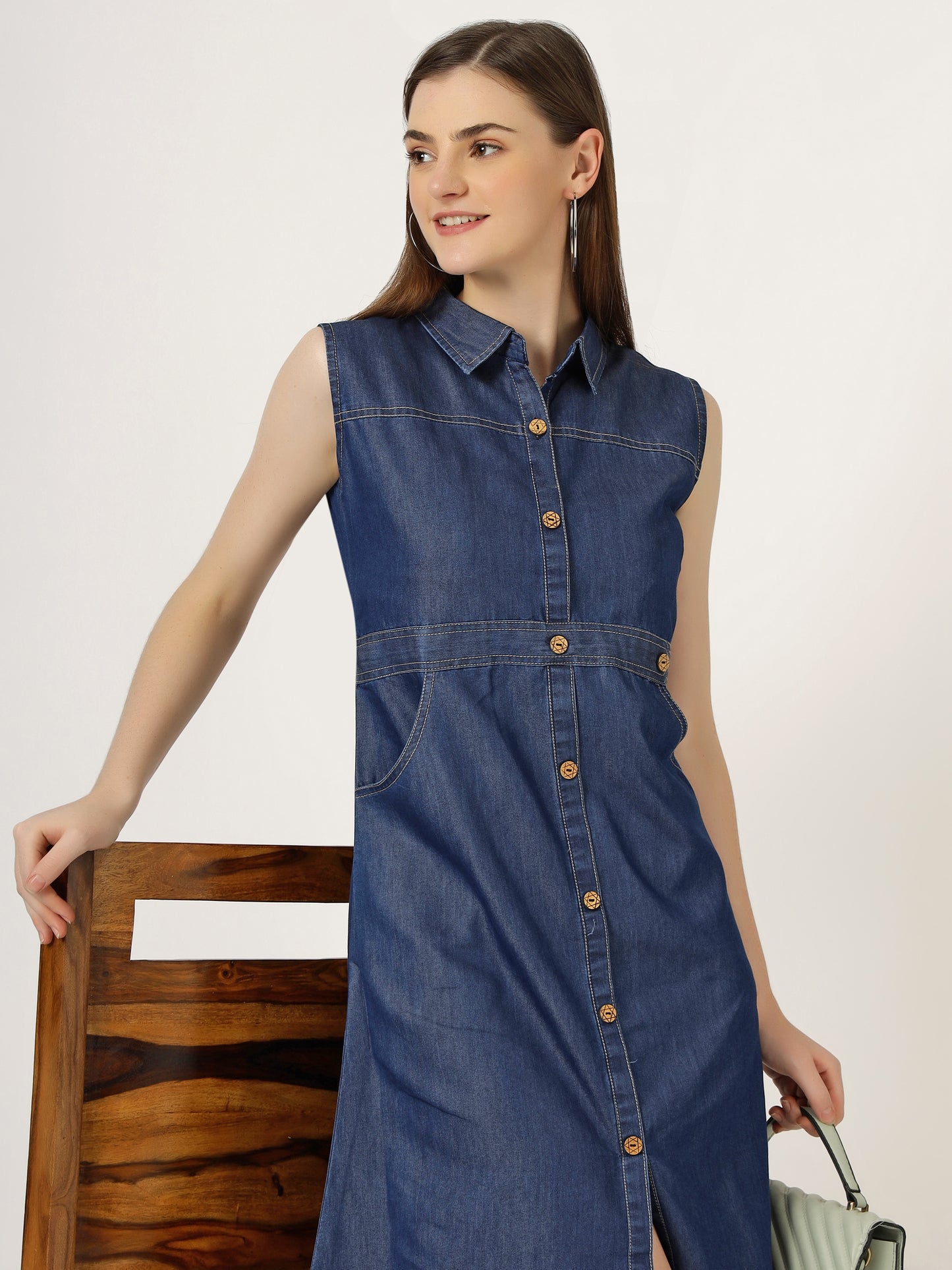 Women's Sleeveless Denim Button-Down A-Line Dress (6031)