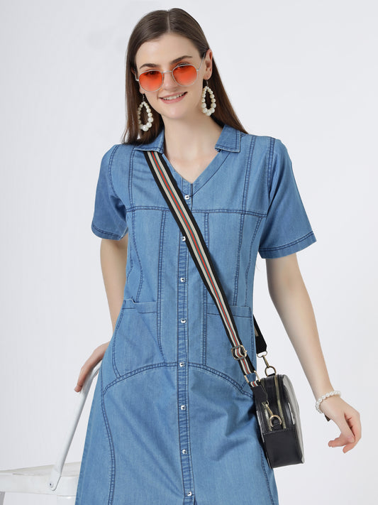 Women's Short Sleeve Button-Down Light Blue Denim Dress (6098-ICE)