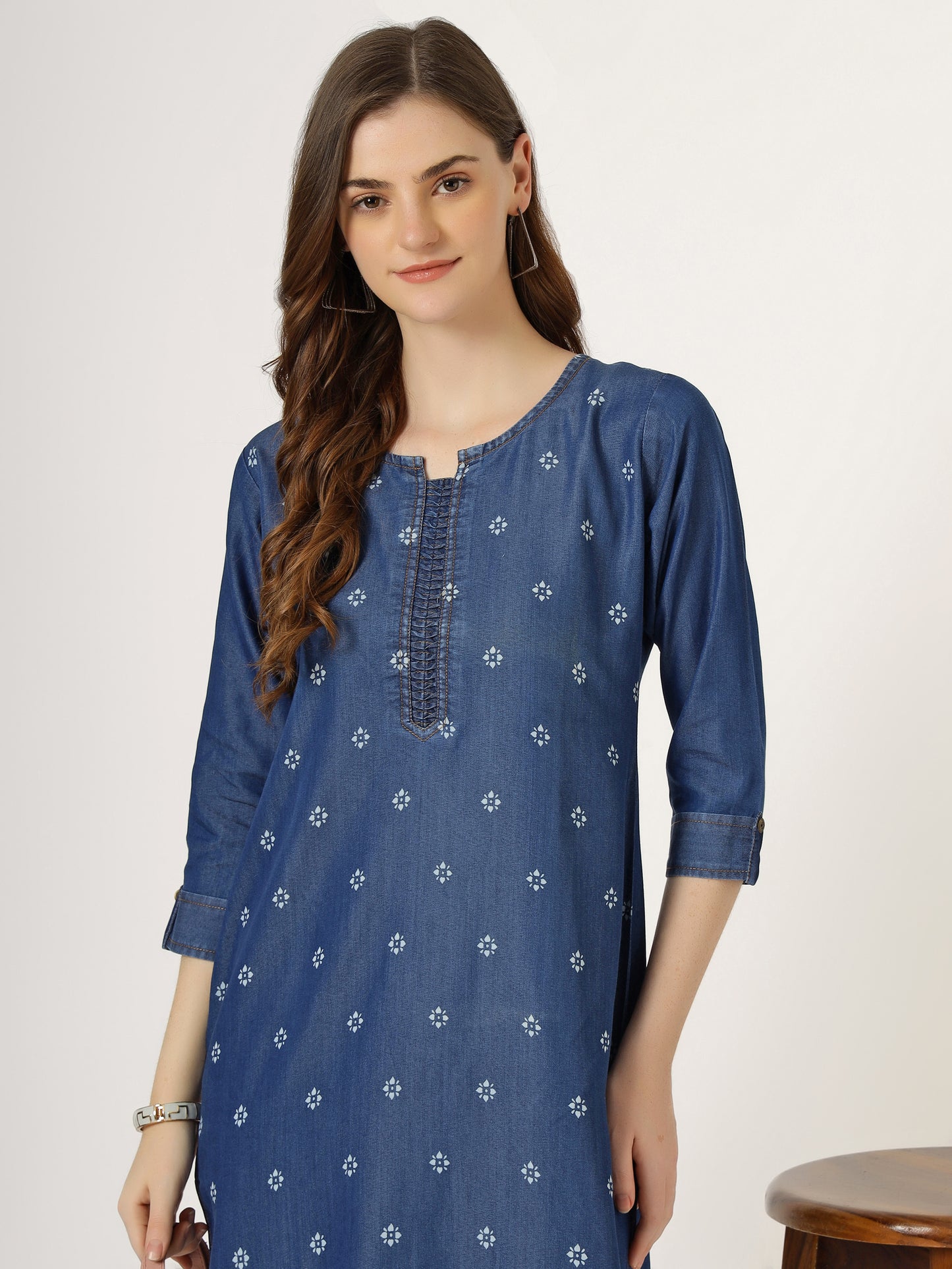 Women's Embroidered Denim Straight Kurti (6049)