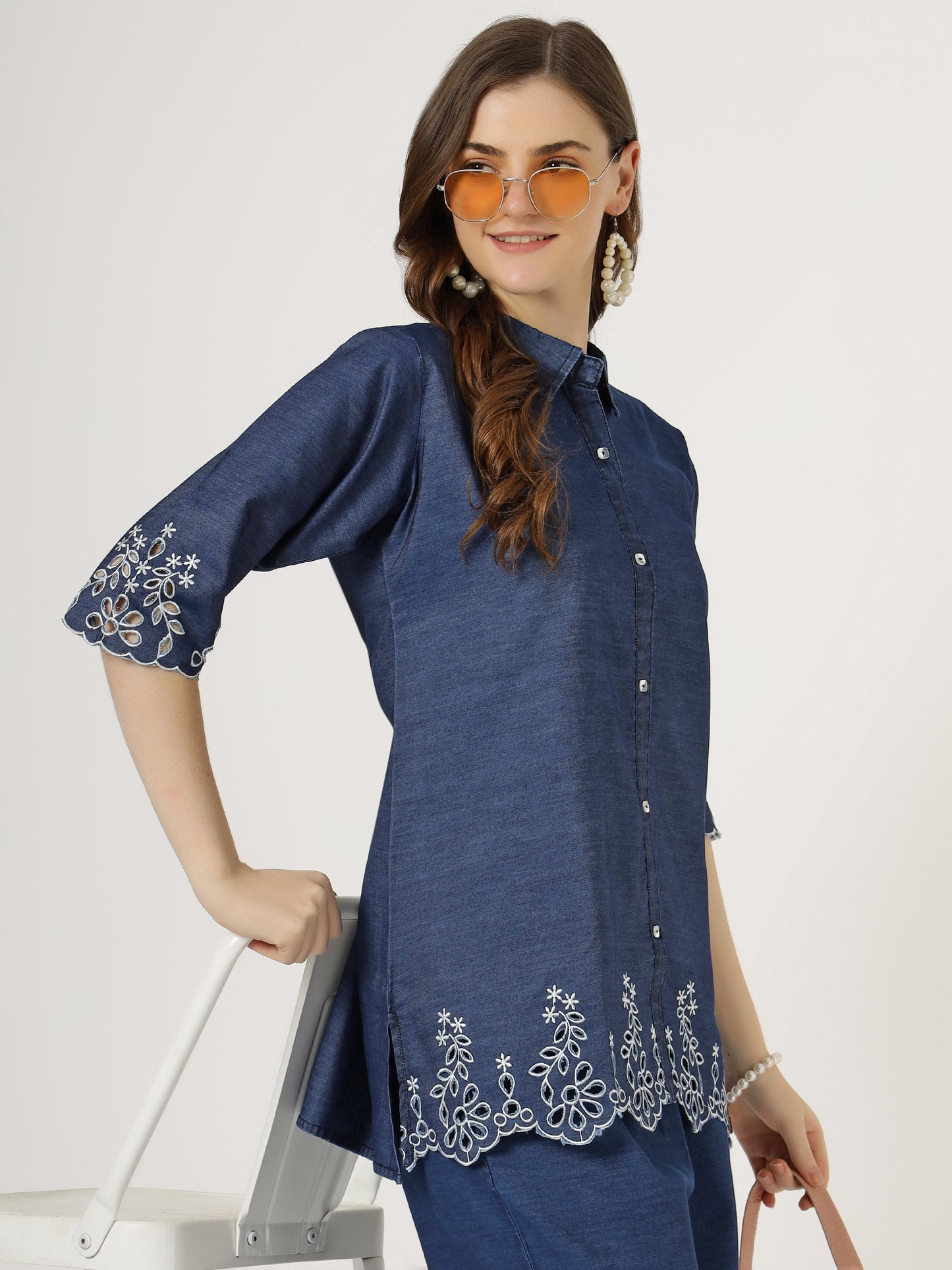 Women's Embroidered Denim Co-Ord Set with Shirt and Palazzo (6093)