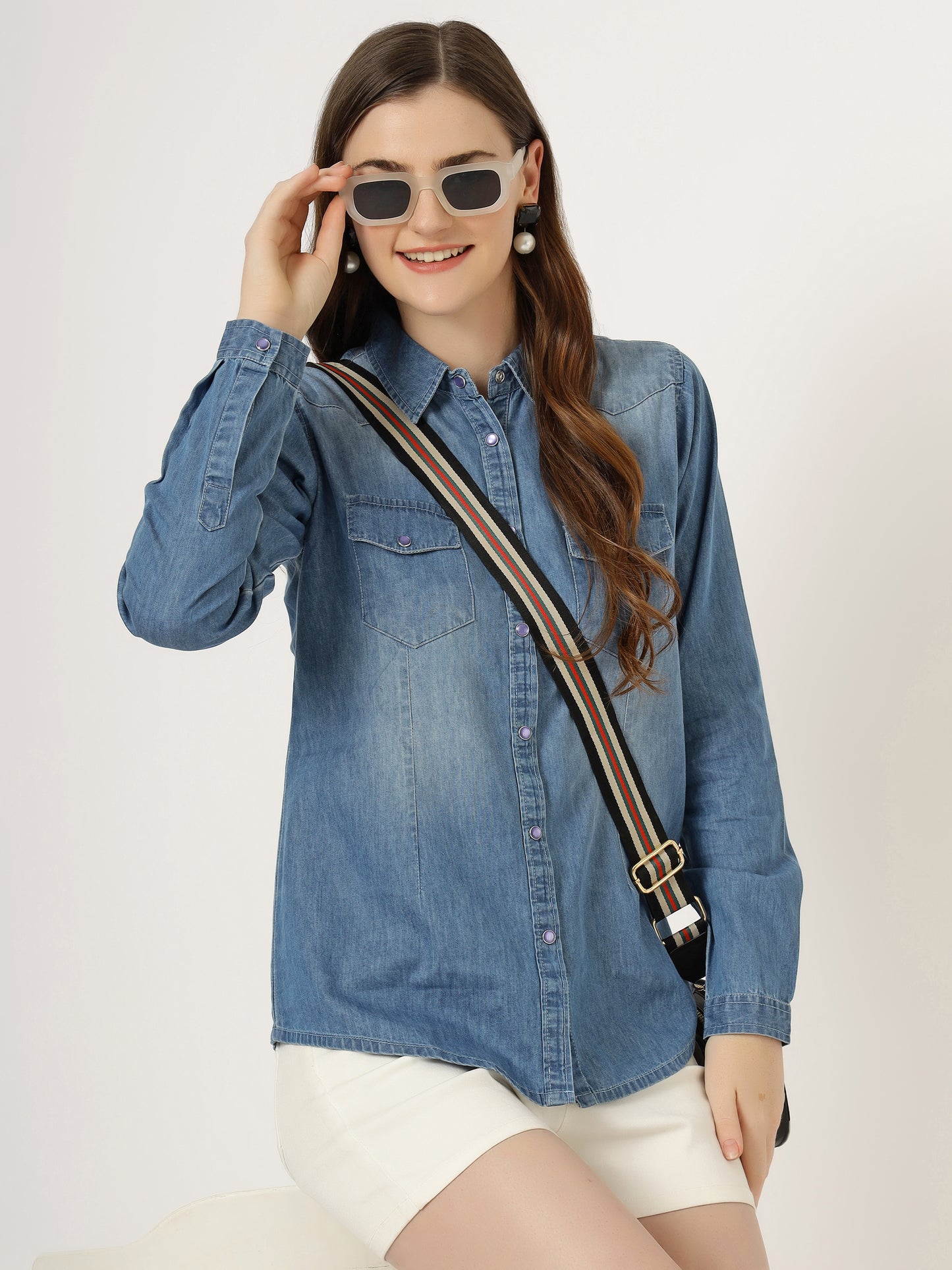 Women's Light Wash Denim Button-Down Shirt with Long Sleeves (6105)