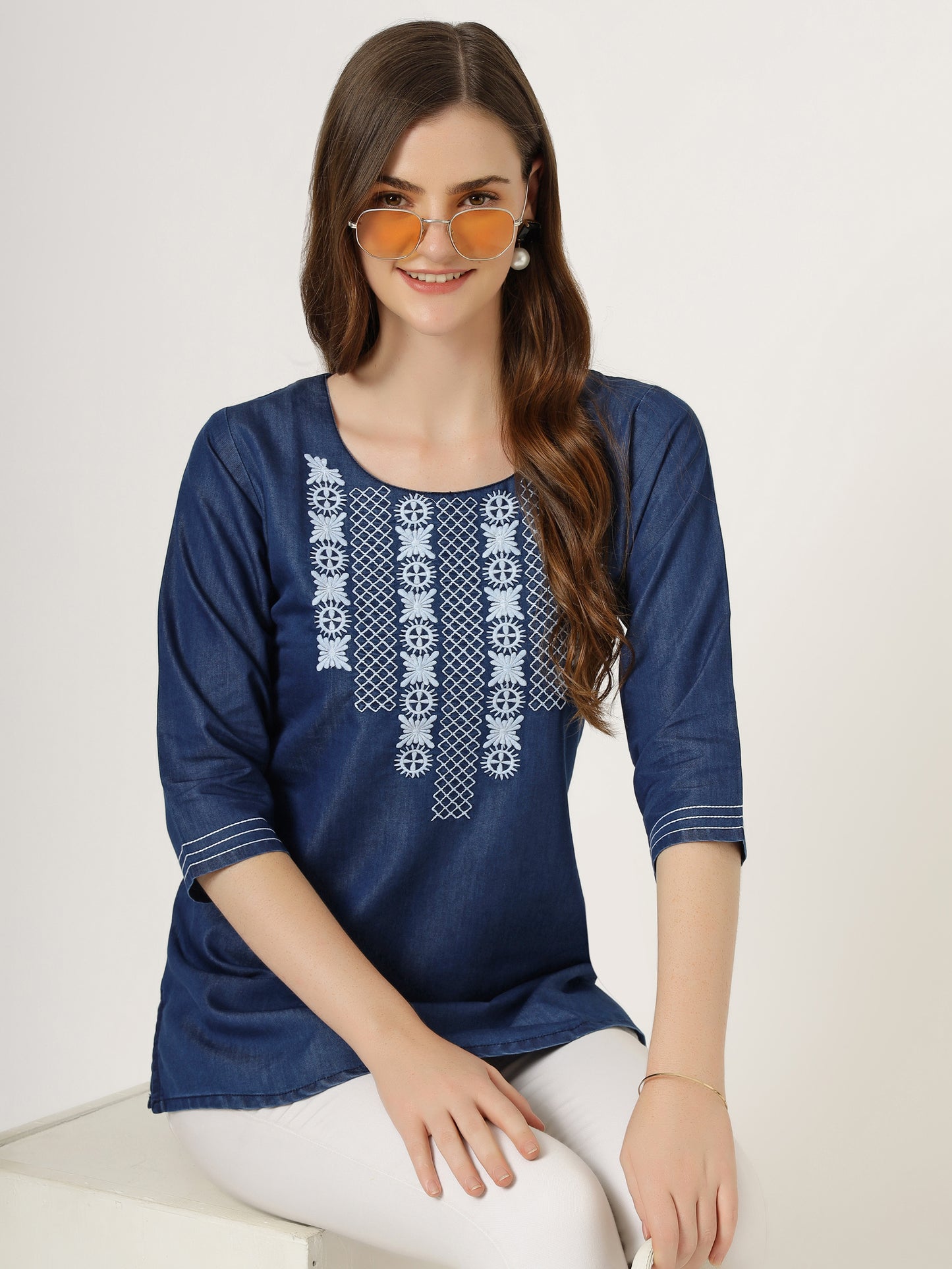 Women's Embroidered Denim Tunic Top with 3/4 Sleeves (6103)