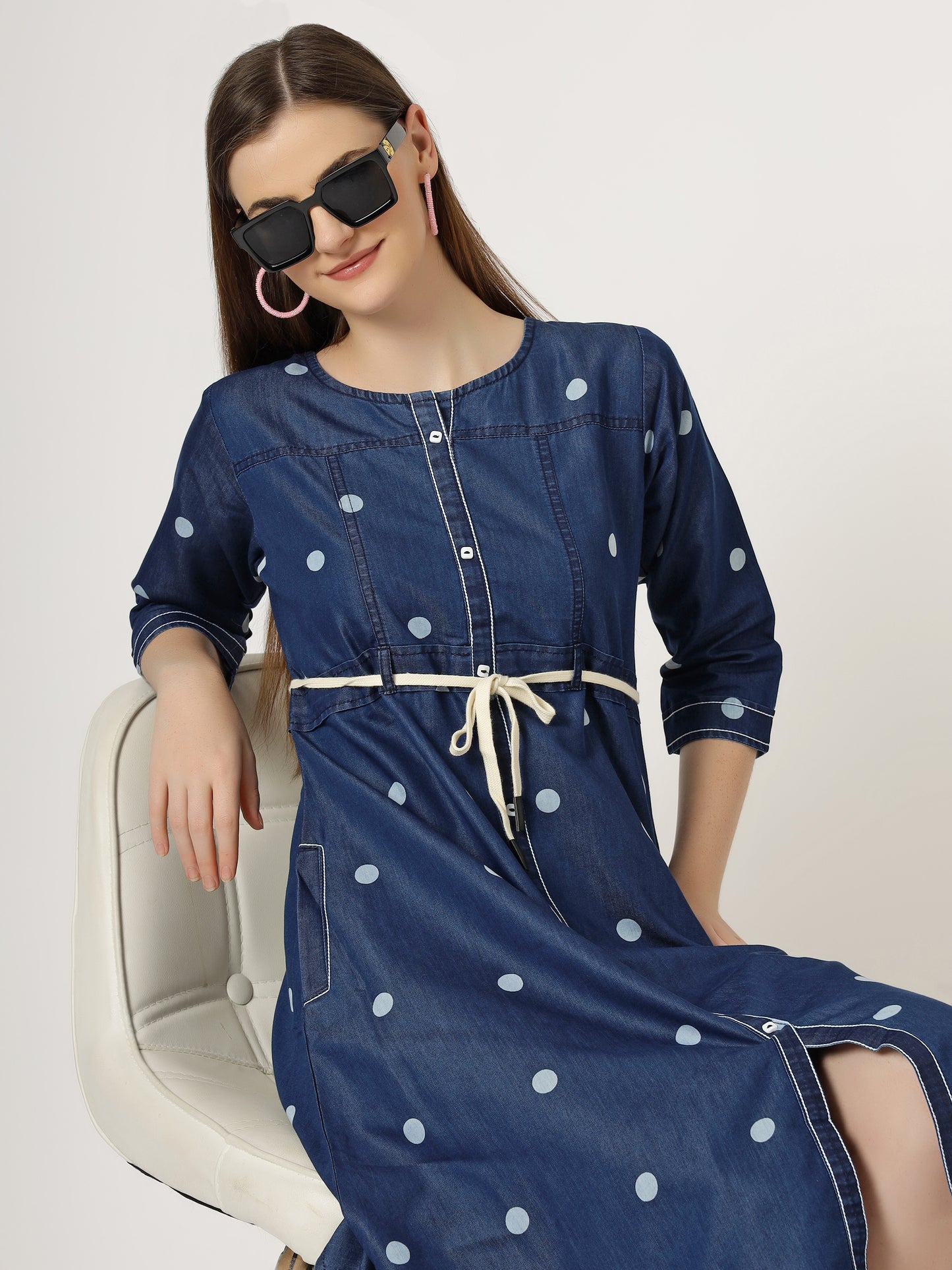 Women's Polka Dot Denim A-Line Dress with Waist Tie (6094)