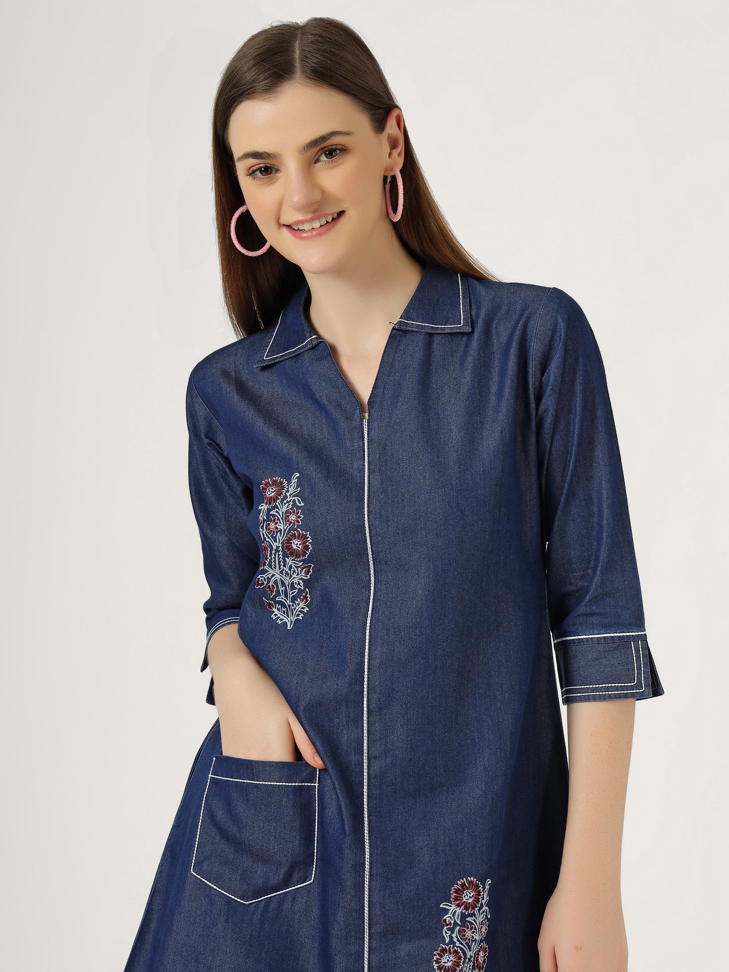 Women's Embroidered Denim A-Line Dress with 3/4 Sleeves (6097)