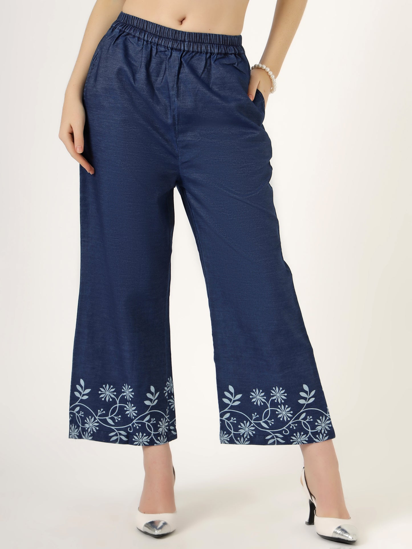 Women's Embroidered Denim Co-Ord Set with Shirt and Palazzo Pants (6106)