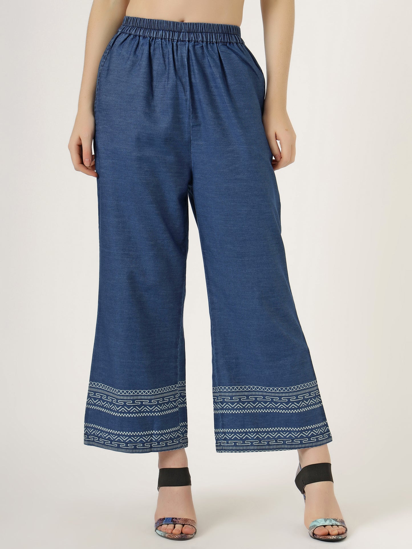 Women's Embroidered Denim Co-Ord Set with Tribal Print and Palazzo Pants (6107)