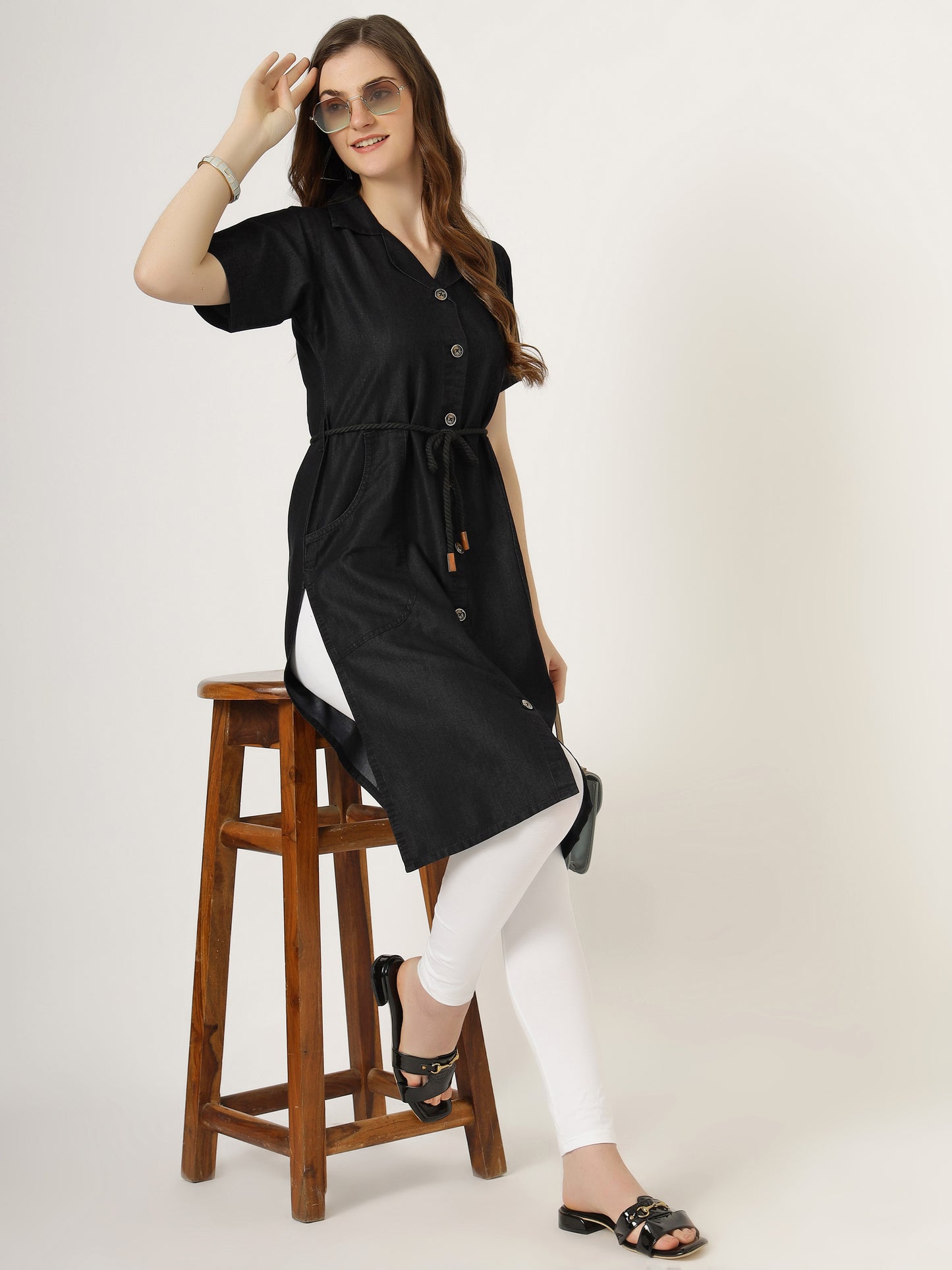 Women's Black Button-Down Denim Dress with Waist Tie (6081)